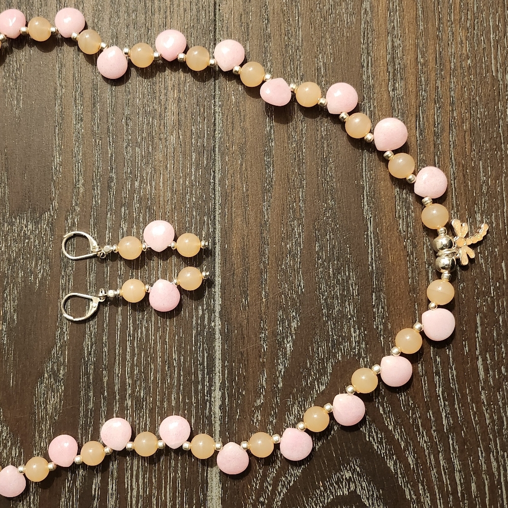 21" light pink briolettes and rose quartz necklace and earrings